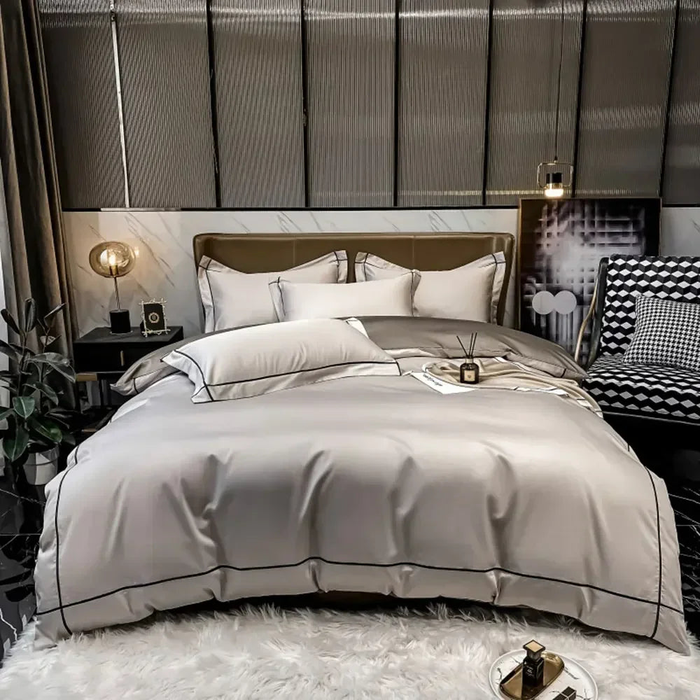 Luxurious Embroidery 100% Egyptian Cotton Bedding Set - Includes Duvet Cover, Flat Sheet & Pillowcases in Queen & King Sizes