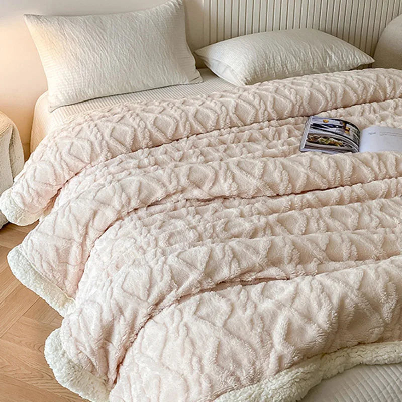 Indulge in Luxury: Cozy Striped Jacquard Taffeta Blanket - Multi-Color Lamb Fleece for All-Season Comfort in Your Office or Home