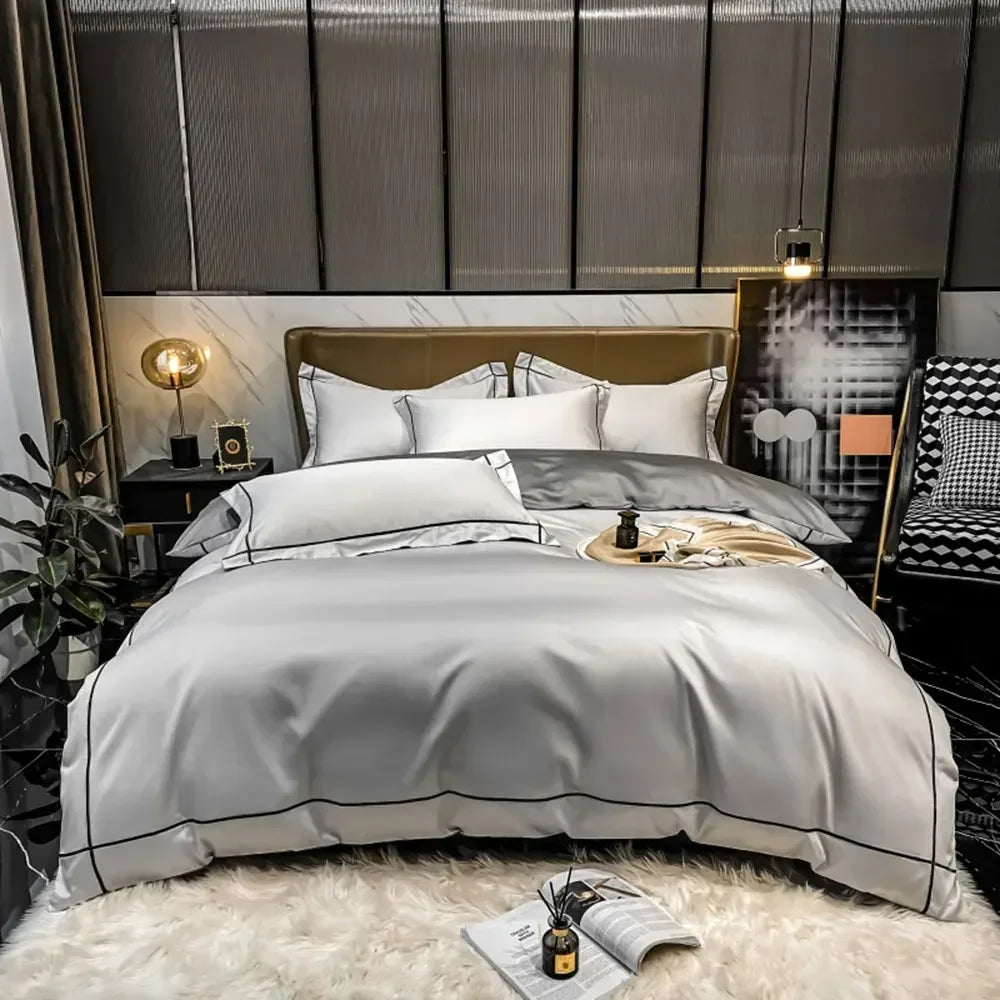 Luxurious Embroidery 100% Egyptian Cotton Bedding Set - Includes Duvet Cover, Flat Sheet & Pillowcases in Queen & King Sizes