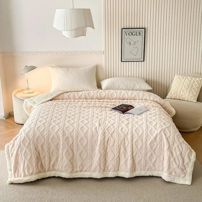 Indulge in Luxury: Cozy Striped Jacquard Taffeta Blanket - Multi-Color Lamb Fleece for All-Season Comfort in Your Office or Home