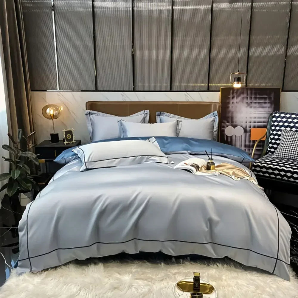 Luxurious Embroidery 100% Egyptian Cotton Bedding Set - Includes Duvet Cover, Flat Sheet & Pillowcases in Queen & King Sizes