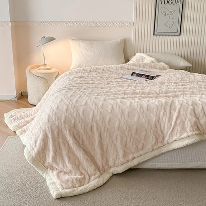 Indulge in Luxury: Cozy Striped Jacquard Taffeta Blanket - Multi-Color Lamb Fleece for All-Season Comfort in Your Office or Home