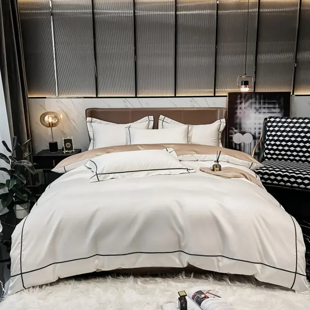 Luxurious Embroidery 100% Egyptian Cotton Bedding Set - Includes Duvet Cover, Flat Sheet & Pillowcases in Queen & King Sizes