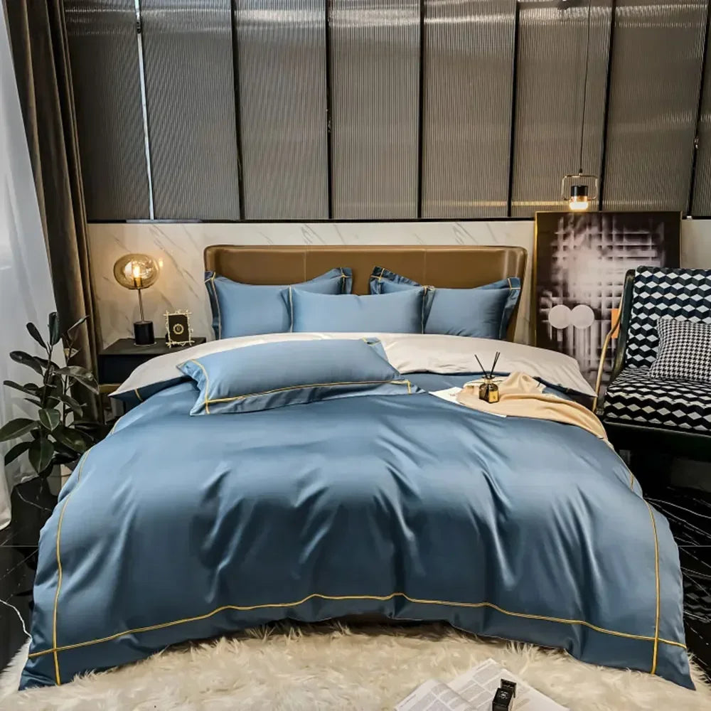 Luxurious Embroidery 100% Egyptian Cotton Bedding Set - Includes Duvet Cover, Flat Sheet & Pillowcases in Queen & King Sizes